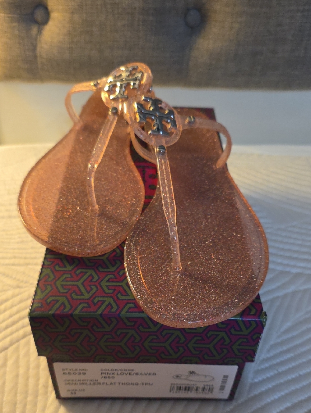 Tory Burch Rose Pink Glitter Jelly Thong Sandals with Silver Logo